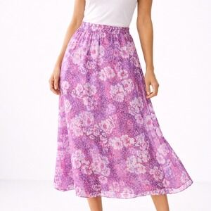 Laura Scott M Pink Purple Floral Midi Skirt Romantic Cottagecore Elastic Waist